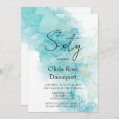 Lichte Blauwgroen en Gold Alcohol Ink 60e verjaard Kaart (Voorkant / Achterkant)