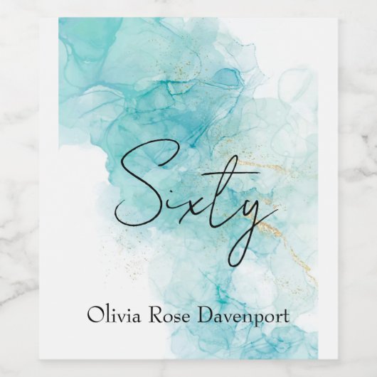 Lichte Blauwgroen en Gold Alcohol Ink 60e verjaard Wijn Etiket (Enkel label)