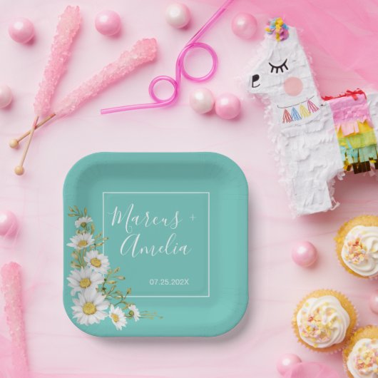 Lichte Blauwgroen en Witte Daisies Wedding Papieren Bordje (Feest)