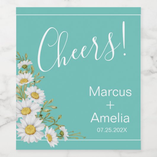 Lichte Blauwgroen en Witte Daisies Wedding Wijn Etiket (Enkel label)