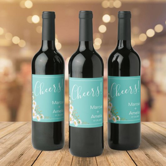 Lichte Blauwgroen en Witte Daisies Wedding Wijn Etiket