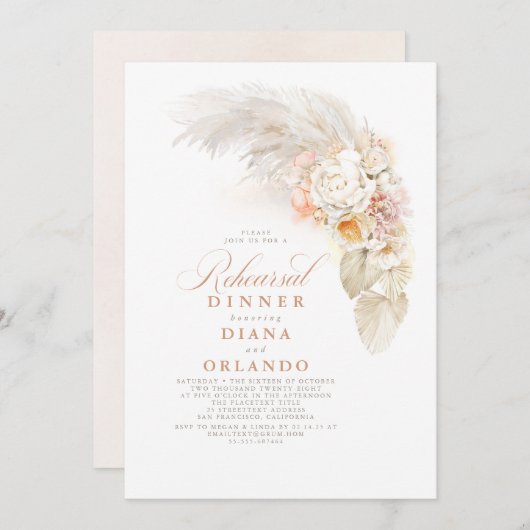 Lichte bloemen en Pampas Grass Rehearsal Dinner Kaart (Voorkant / Achterkant)