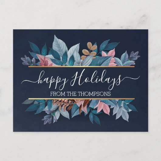 Lichte Blush Roze Bloemige Bladeren Op Donkerblauw Briefkaart (Voorkant)