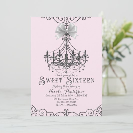 Lichte Blush Roze Zilveren Witte Boog Sweet 16 Zes Kaart (Staand voorkant)