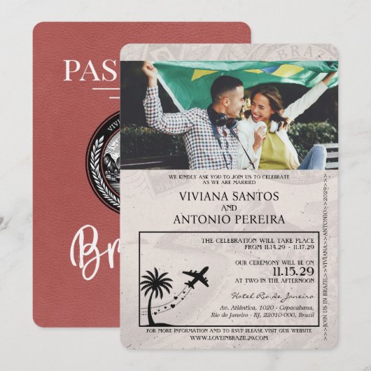 Lichte Bourgogne Brazilië Paspoort Huwelijksuitnod Kaart (Voorkant / Achterkant)