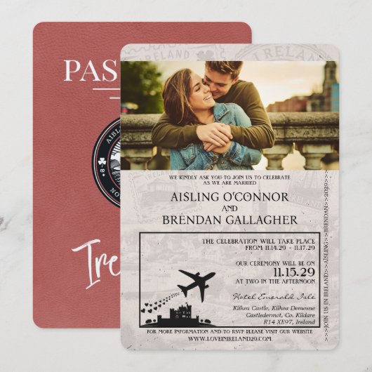 Lichte Bourgogne Ierland Paspoort Huwelijksuitnodi Kaart (Voorkant / Achterkant)