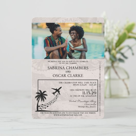 Lichte Bourgogne Jamaica Passport bruiloft uitnodi Kaart (Staand voorkant)