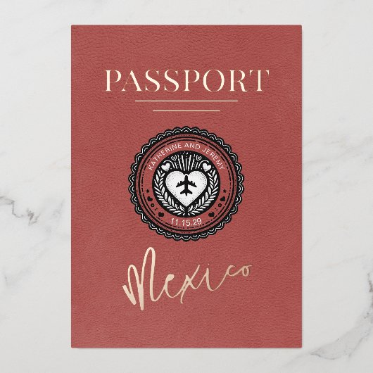 Lichte Bourgogne Mexico Passport bruiloft Folie Uitnodiging (Voorkant)