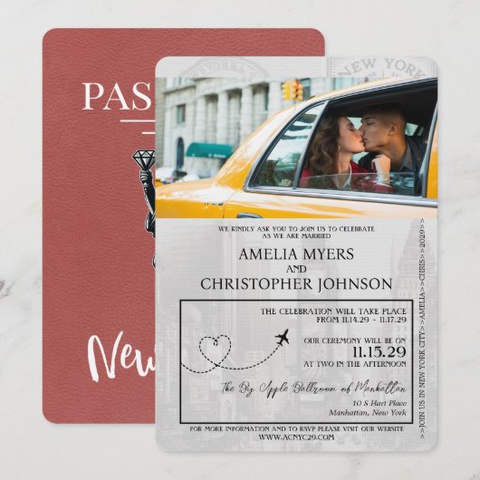 Lichte Bourgogne New York City Passport bruiloft Kaart (Voorkant / Achterkant)