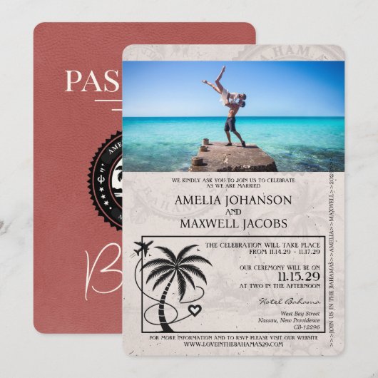 Lichte Bourgondische Bahamas Passport bruiloft Kaart (Voorkant / Achterkant)