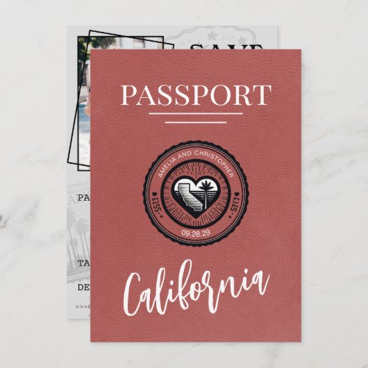 Lichte Bourgondische California Passport Save The Date (Voorkant / Achterkant)