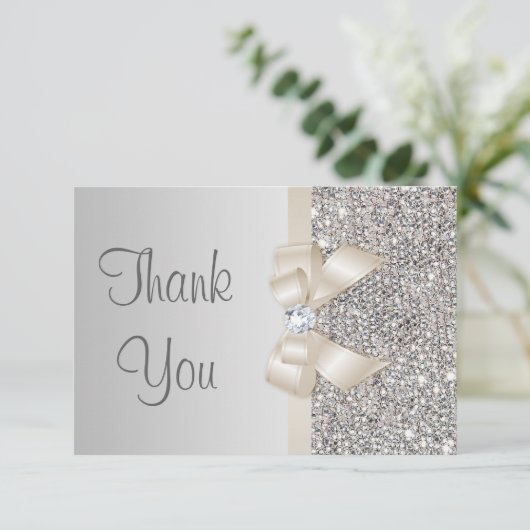 Lichte Champagne Bow Silver Sequins Dank u Bedankkaart (Staand voorkant)