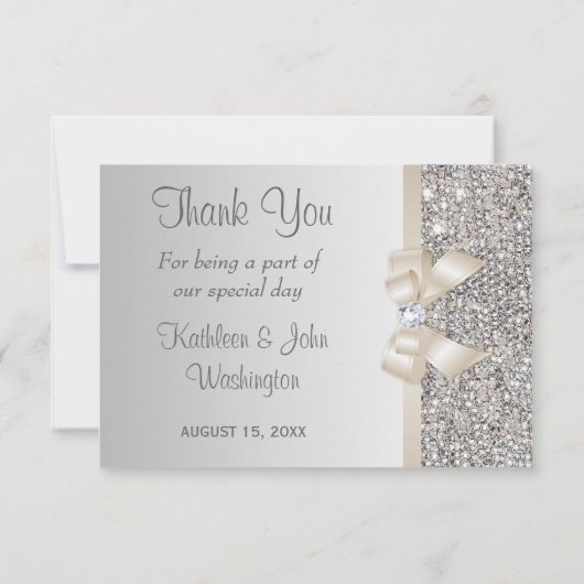 Lichte Champagne Bow Silver Sequins Dank u Bedankkaart (Achterkant)