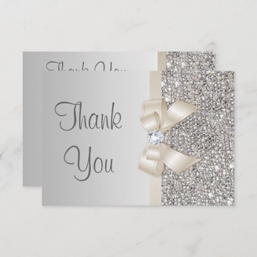 Lichte Champagne Bow Silver Sequins Dank u Bedankkaart (Voorkant / Achterkant)