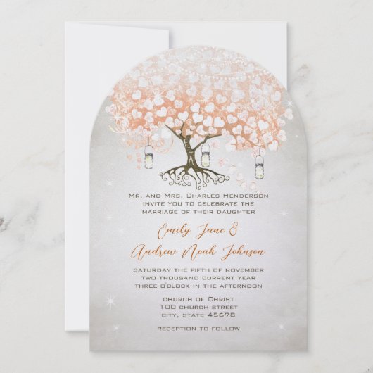 Lichte Coral Heart Leaf Tree Wedding Kaart (Voorkant)
