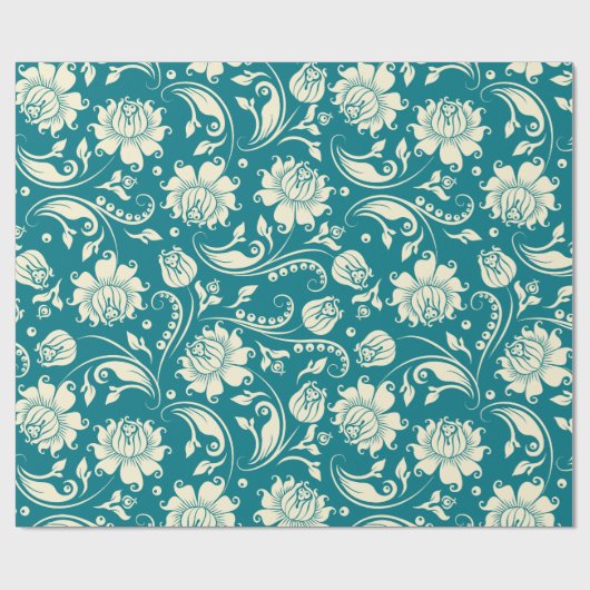 Lichte crème en Blauwgroen-groene Floral-Damaskers Cadeaupapier (Vlak)