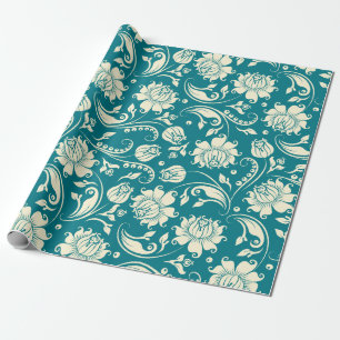 Lichte crème en Blauwgroen-groene Floral-Damaskers Cadeaupapier