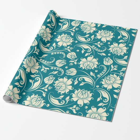 Lichte crème en Blauwgroen-groene Floral-Damaskers Cadeaupapier (Uitgerold)