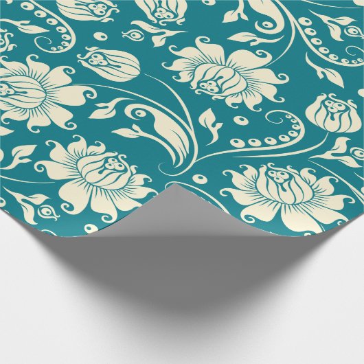 Lichte crème en Blauwgroen-groene Floral-Damaskers Cadeaupapier (Hoek)
