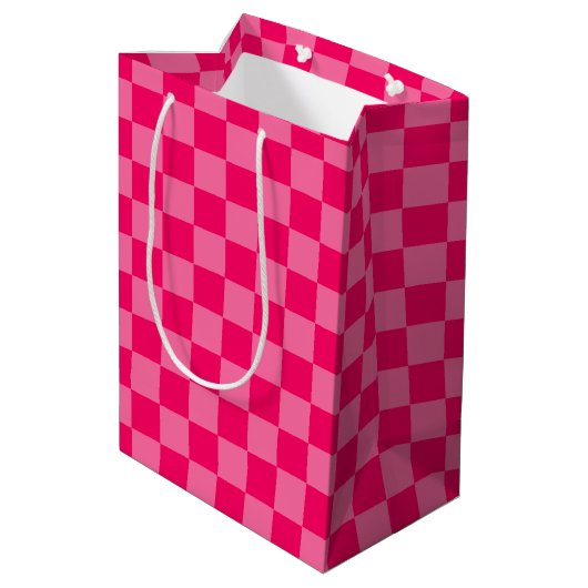 Lichte en Hot Pink Checker Patroon Ontwerp Medium Cadeauzakje (Achterkant Gekanteld)