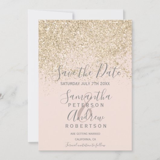 lichte gouden glitter blush red de date bruiloft save the date (Voorkant)