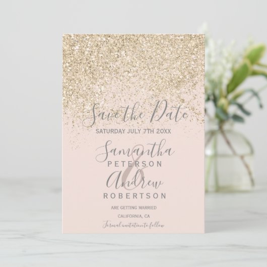 lichte gouden glitter blush red de date bruiloft save the date (Staand voorkant)