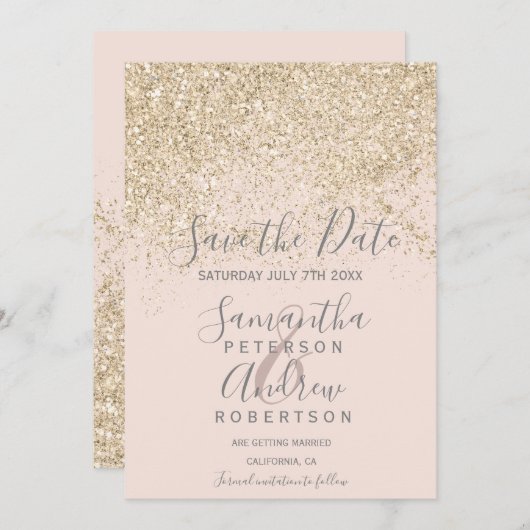 lichte gouden glitter blush red de date bruiloft save the date (Voorkant / Achterkant)