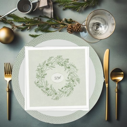 Lichte groene bladeren krans monogram servet