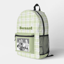 Lichte groene Gingham Plaid Patroon Naam en Foto Bedrukte Rugzak