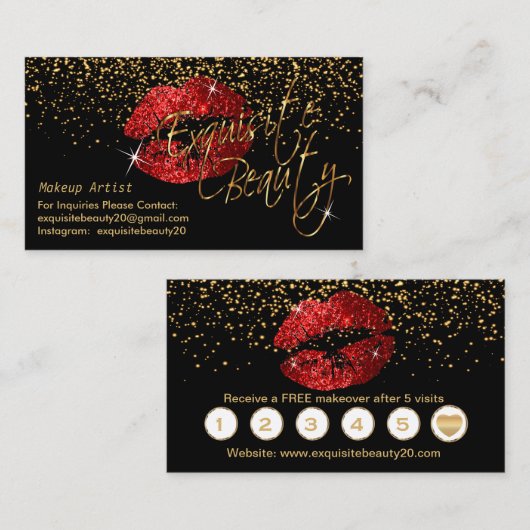 Lichte kleur met Gold Confetti en rode lips Visitekaartje (Voorkant / Achterkant)