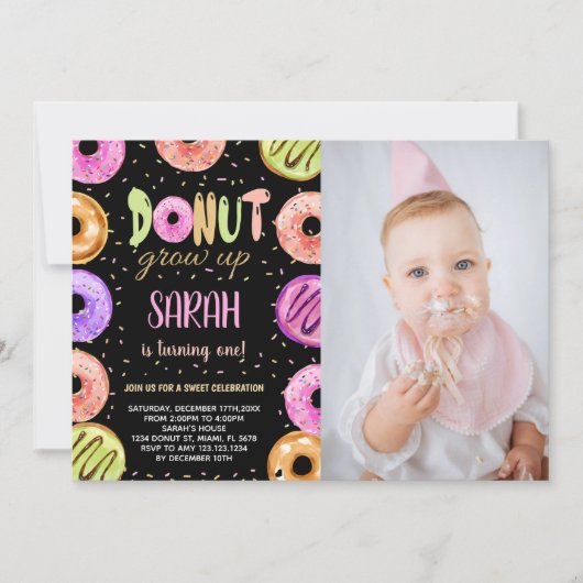 Lichte kleuren Zwart Foto Donut Verjaardag uitnodi Kaart (Voorkant)