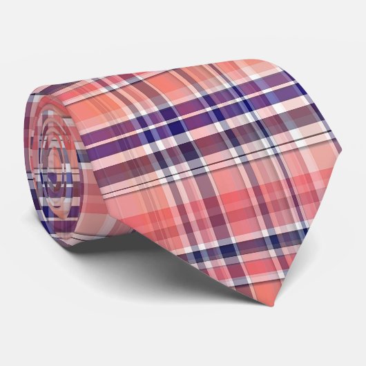 Lichte koraal, marineblauw, witte preppy Madras Ps Stropdas (Opgerold)