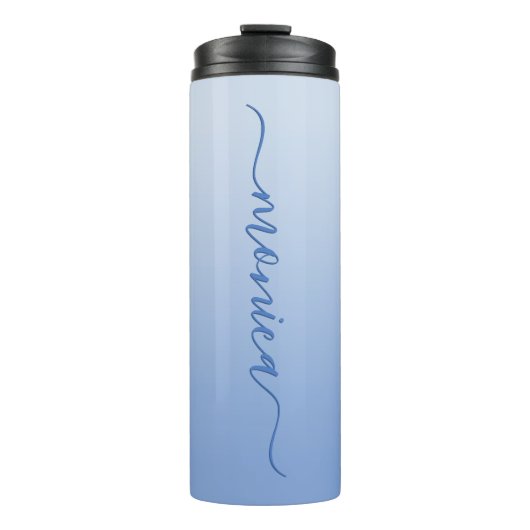 Lichte Korenbloem Blauw Gradiënt Elegante Handteke Thermosbeker (Voorkant)