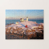 Lichte lichte vuurtoren van Snowy Maine Legpuzzel (Horizontaal)