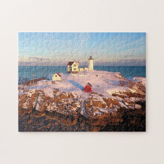 Lichte lichte vuurtoren van Snowy Maine Legpuzzel (Horizontaal)