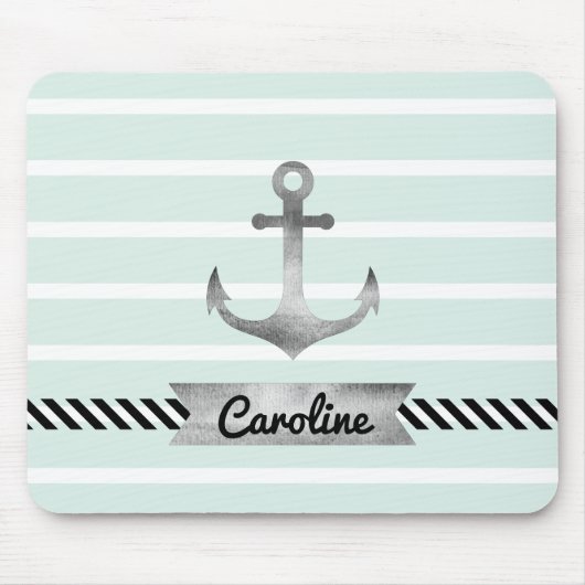 Lichte Mint Stripes Waterverf Anker Gepersonalisee Muismat (Voorkant)