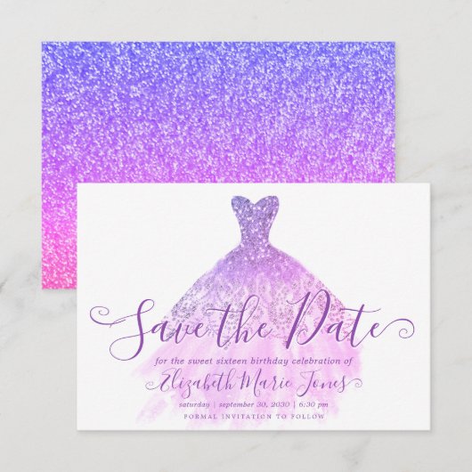 Lichte Paarse Glitter Chic Dress Sweet 16 Verjaard Save The Date (Voorkant / Achterkant)