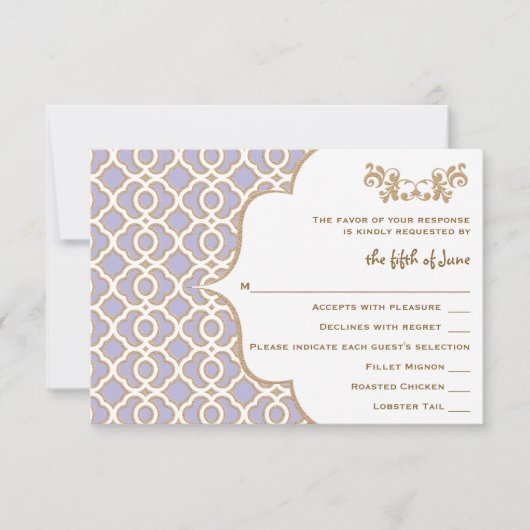 Lichte Paarse Gold Moroccan Weddenrackkaarten RSVP Kaartje (Voorkant)