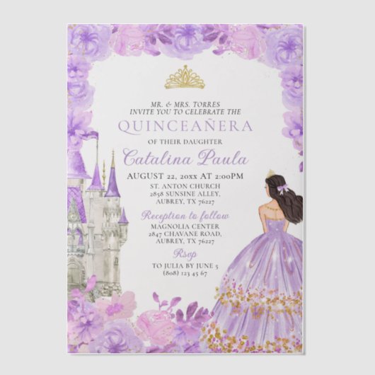 Lichte Paarse gouden Tiara Princess Quinceañera Vellum Uitnodigingen (Voorkant)
