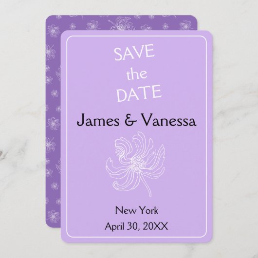 Lichte paarse kleur en witte pioenen. save the date (Voorkant / Achterkant)