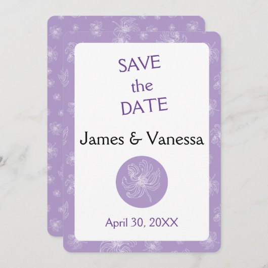 Lichte paarse kleur en witte pioenen. save the date (Voorkant / Achterkant)