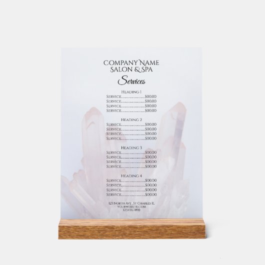 Lichte Paarse Kristallen Salon Spa Services Menu Acryl Bord (Voorkant)
