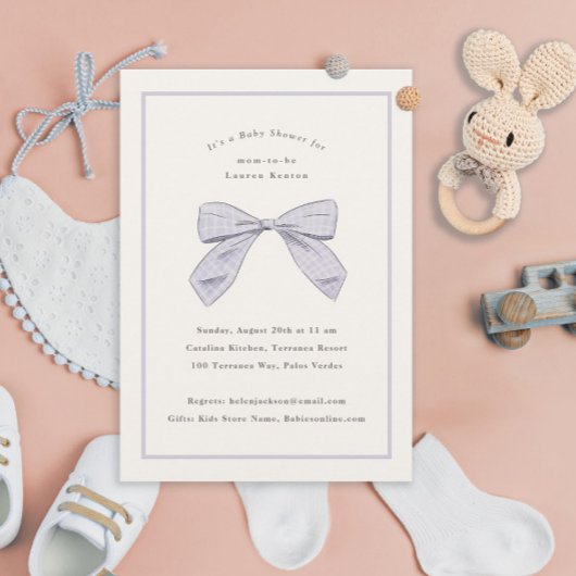 Lichte Paarse Plaid Bow Elegant Baby shower Kaart