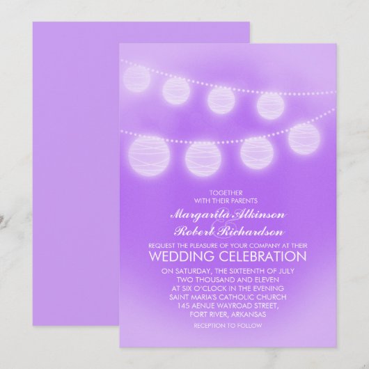 Lichte paarse romantische lantaarns bruiloft uitno kaart (Voorkant / Achterkant)