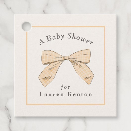 Lichte Peach Plaid Bow Elegant Neutraal Baby showe Bedankjes Labels (Voorkant)