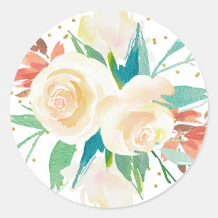 Lichte perzik waterverf bloemenboeket ronde sticker