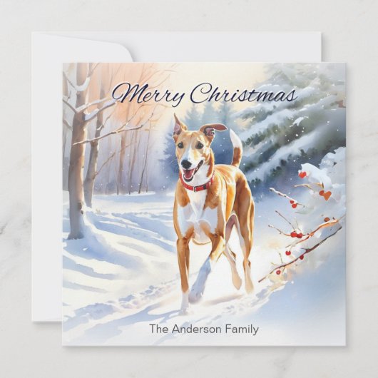 Lichte rode Fawn Greyhound hond in de sneeuw Kerst Feestdagenkaart (Voorkant)