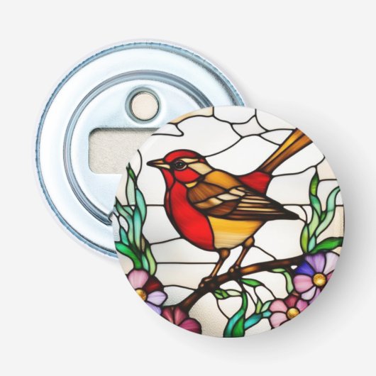 Lichte Roodborst in Glas in Lood Button Flesopener (Voorkant)