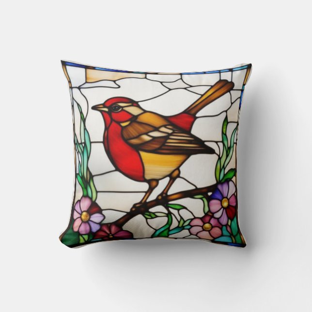Lichte Roodborst in Glas in Lood Kussen (Voorkant)