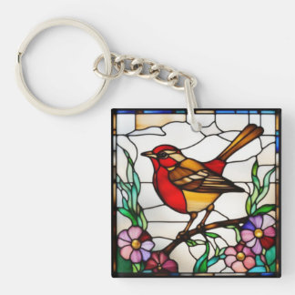 Lichte Roodborst in Glas in Lood Sleutelhanger